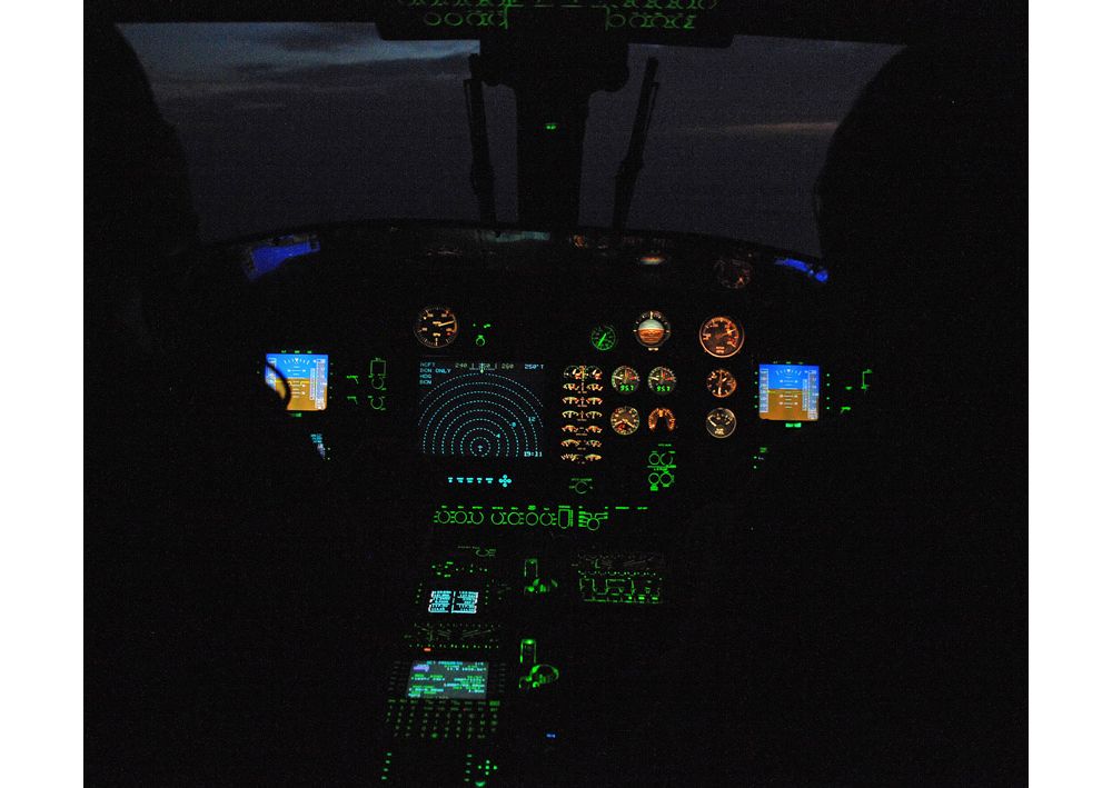 A view of the flight deck inside an Airbus AS565 MBe military helicopter’s cockpit. 