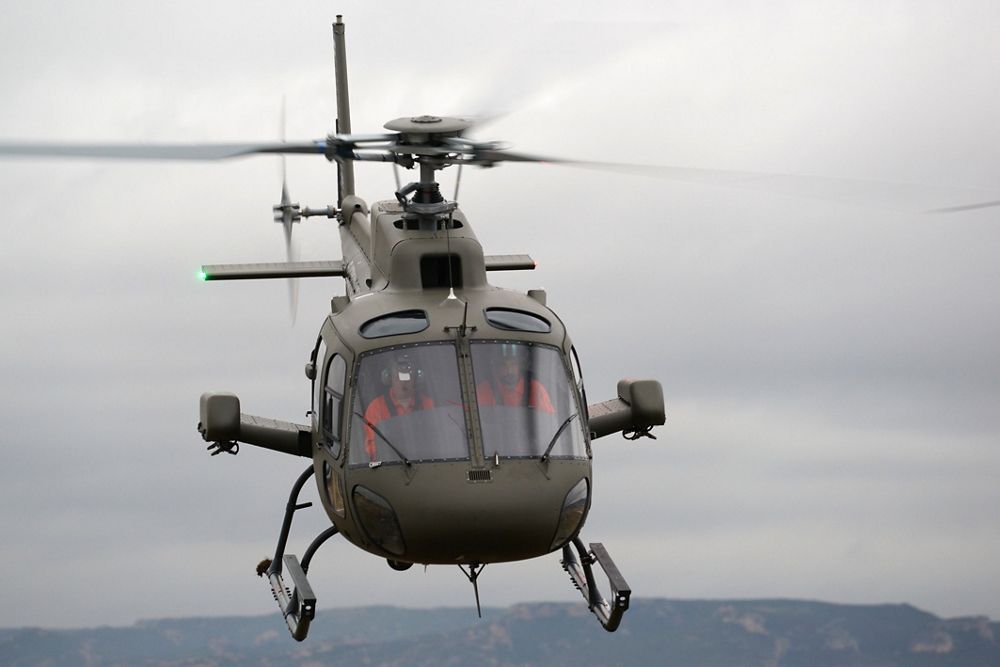 Head-on view of an in-flight Airbus H125M military helicopter.  