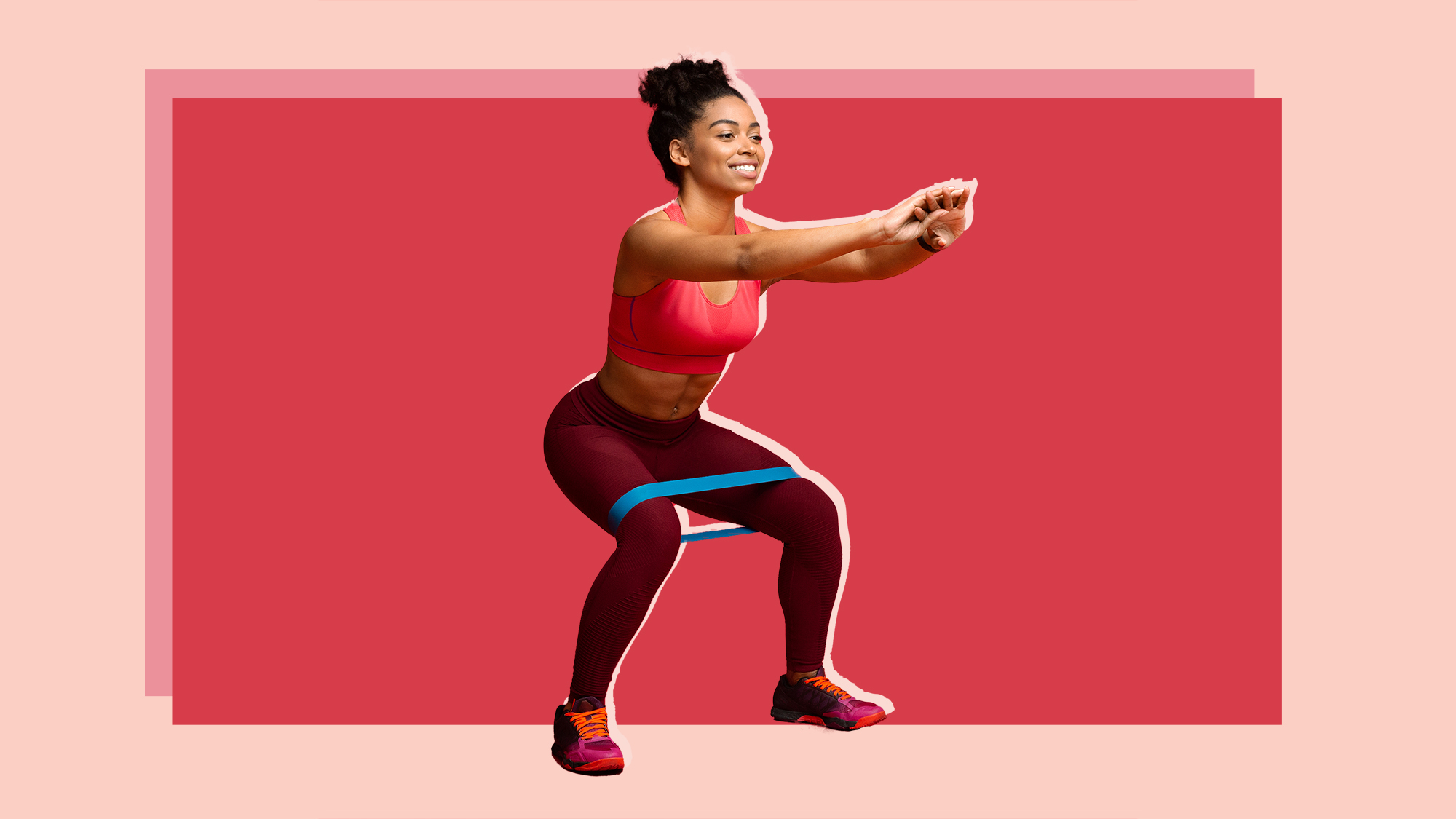 tiktok-resistance-bands-squatting , Young sporty smiling black woman doing stretching work out with elastic bands, squating over red studio background