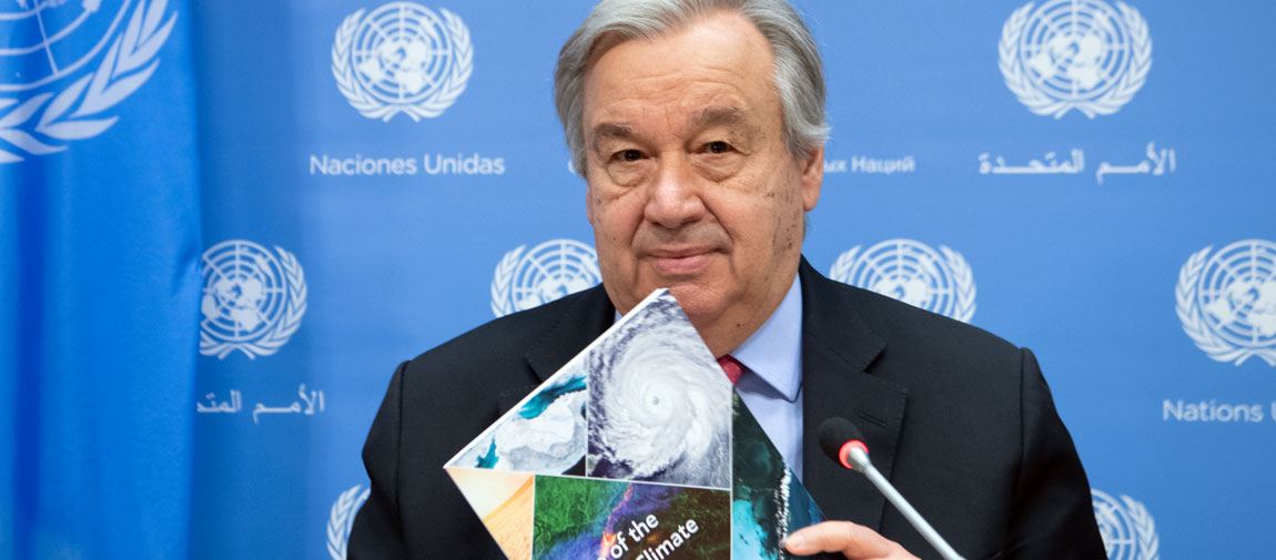 Secretary-General António Guterres presents a report on the State of the Global Climate in 2020 at UN Headquarters in New York. UN Photo/Eskinder Debebe