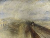 painting of a steam train in the distance showing a cloudy day
