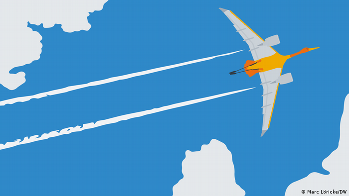 An illustration showing a blue sky and a bird/airplane hybrid flying by