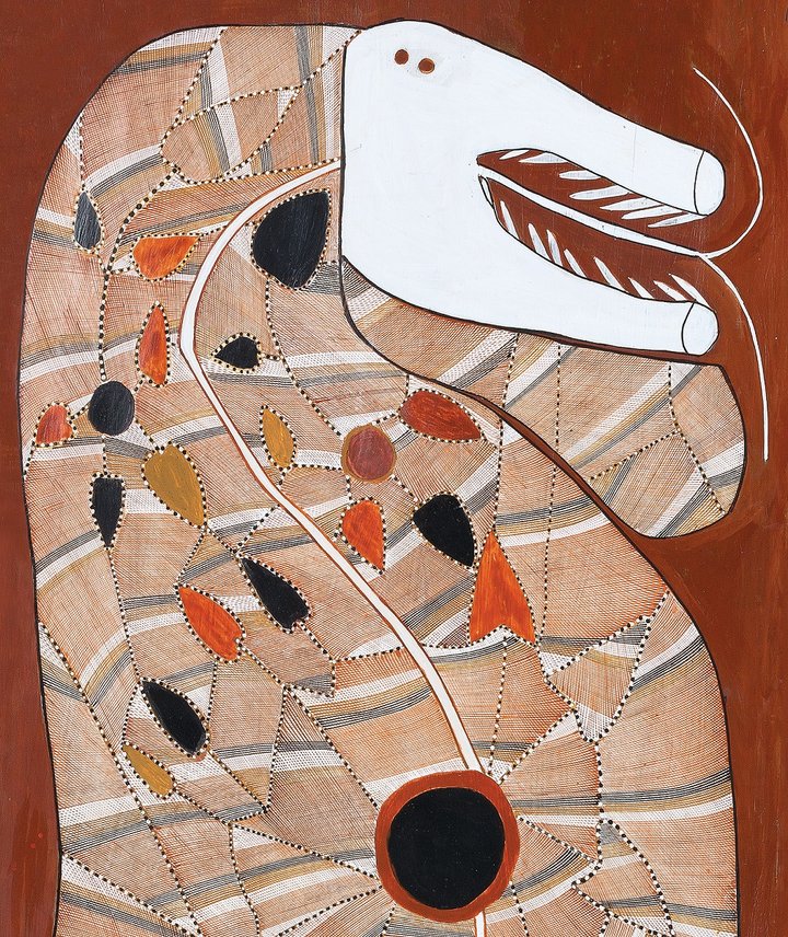 A painting on bark of an abstract creature in earthy tones