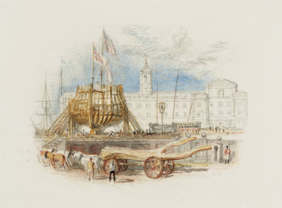 A small watercolour painting showing the trunk of an oak tree being carted off to a naval dockyard