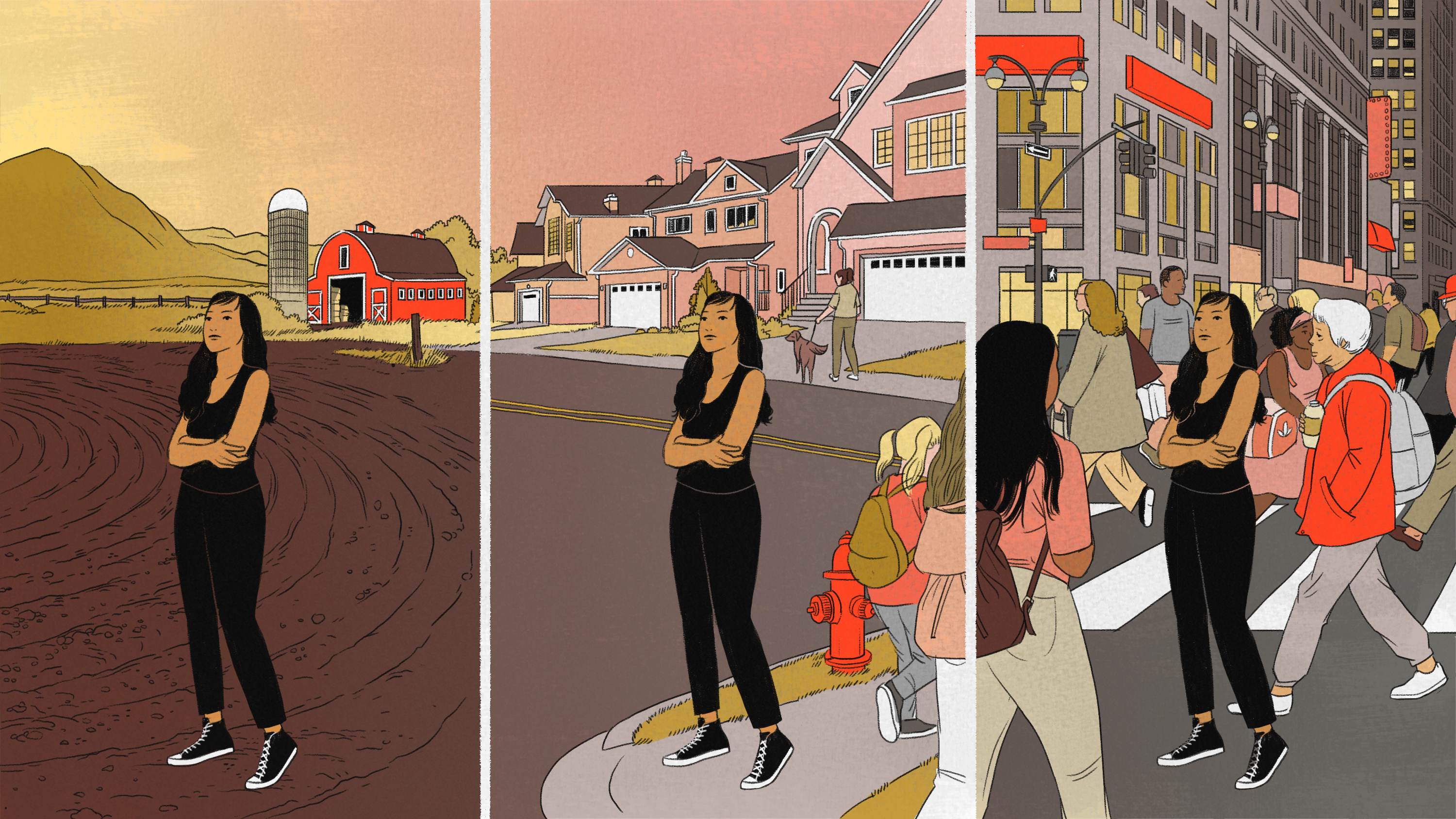 An illustration of an Asian woman hugging her arms in three environments: rural, suburban, and urban.