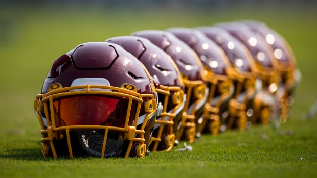 Row of Washington Football Team Helmets.