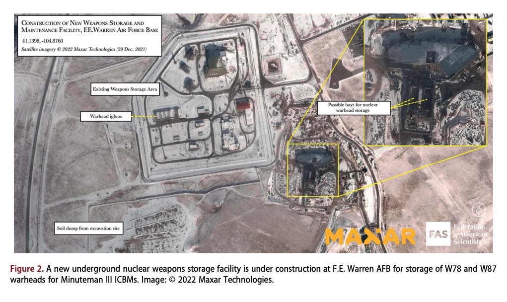 Annotated satellite image of a new underground nuclear weapons storage facility under construction at FE Warren Air Force Base for storage of W78 and W87 warheads for Minuteman III ICBMs. 