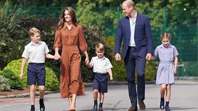Prince George, the Duchess of Cambridge, Prince Louis, the Duke of Cambridge and Princess Charlotte walking