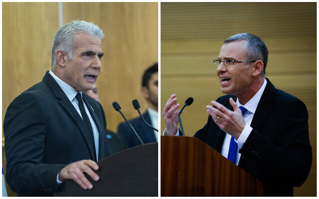 Yesh Atid chair Yair Lapid (L) speaks during a joint press conference with fellow opposition party head at the Knesset on February 13, 2023. Justice Minister Yariv Levin holds a press conference at the Knesset on January 4, 2023. (Olivier Fitoussi, Yonatan Sindel/Flash90)