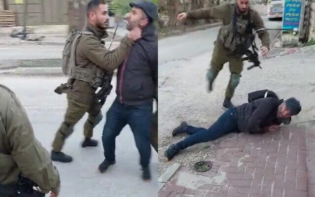 An Israeli soldier is seen assaulting Issa Amro, a Palestinian activist in Hebron, February 13, 2023. (Screenshot: Twitter)
