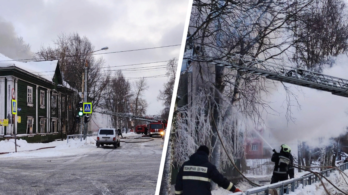 В Новодвинске крупный пожар: тушат «деревяшку» рядом с детской поликлиникой