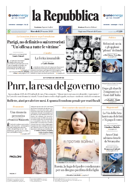 la prima pagina di Repubblica