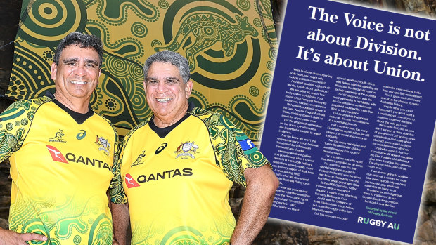 Gary Ella and Glen Ella pose with the First Nations jersey in 2017. Inset, the RA ad in the Sydney Morning Herald.