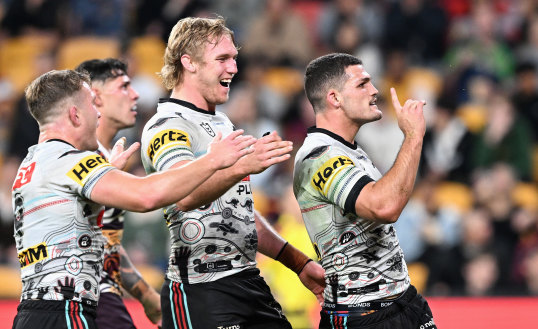 Nathan Cleary celebrates a try.