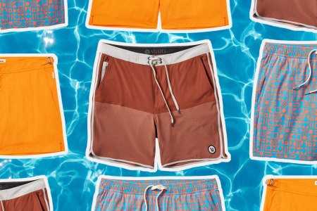 a collage of swim trunks on a pool background