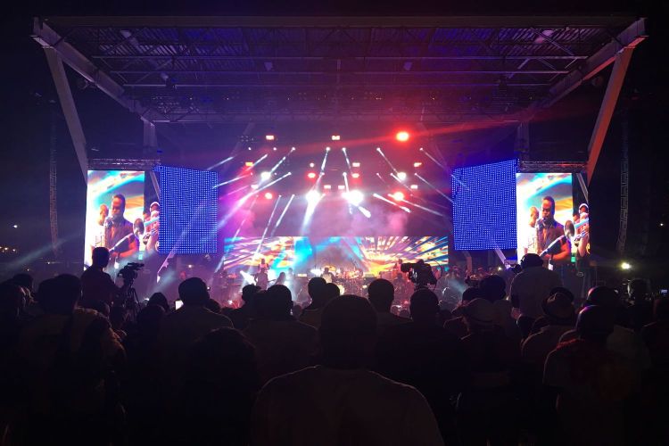 A concert at night at the Haitian Compas Festival, an annual event celebrating Haitian Flag Day in Miami, Florida