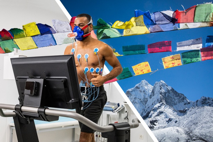 A spliced image of a man doing high-altitude training on a treadmill, and a view of the Himalayas.