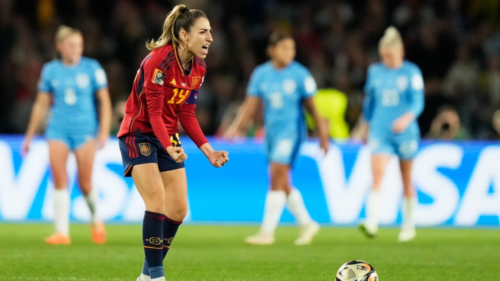 Spain's Olga Carmona celebrates after scoring the opening goal during the final of Women's World Cup soccer between Spain and England at Stadium Australia in Sydney, Australia, Sunday, Aug. 20, 2023. Carmona, whose goal won the Women's World Cup for Spain on Sunday, learned after the final of her father's death, the Spanish soccer federation said. (AP Photo/Rick Rycroft)