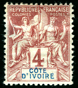 1892: марка номиналом в 4 сантима для Кот д’Ивуар (Берег Слоновой Кости) из французской серии колониального типа «Мореплавание и торговля»[англ.]