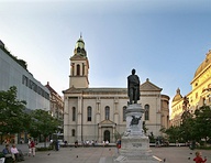 Clockwise from top left: Zagreb Cathedral, Church of Christ the King in Mirogoj, Zagreb Mosque and Serbian Orthodox Church Cathedral with statue of Petar Preradović, Croatian national poet, writer, and military general