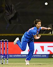 Yadav bowling for India against Bangladesh during the 2020 ICC Women's T20 World Cup