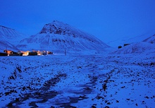 Characteristic polar night blue twilight in Longyearbyen, Svalbard, Norway.