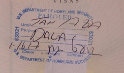 Parole stamps applied by United States Customs and Border Protection officers to the passports of two foreign nationals, indicating they were allowed to enter the United States because of Advance Parole permission previously issued by United States Citizenship and Immigration Services.  Handwritten annotations indicate that the stamp on the left was issued at John F. Kennedy International Airport in January 2017 under the Deferred Action for Childhood Arrivals (DACA) program, and the stamp on the right was issued at Logan International Airport in March 2016 for an adjustment of status applicant.