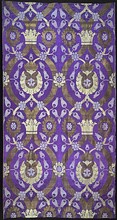 Silk, cotton and gilt-metal-strip-wrapped cotton panel, machine-woven in Scotland c. 1887. The tulip motif is inspired by Turkish textiles.