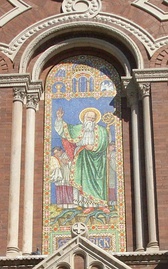 Mosaic of St Patrick casting out the snakes from Ireland. (Cathedral Parish of Saint Patrick in El Paso)