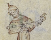 (Left): Southwest France, St Savin citole with 5 strings (one separate from the rest) and pegs on side. Soundholes in four corners and in the center (in place of the large soundhole with rose); (right): England, Citole from Queen Mary Psalter c. 1320 showing top view of instrument, with 4 strings, a European style sound-hole with rose, and an animal neck peg box with pegs on side.