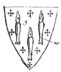 Thomas Lucy's coat of arms, depicting "luces" (pike), from William Dugdale's Antiquities of Warwickshire