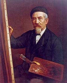 A painting of Lindauer holding a palette and brushes in one hand, while painting onto a canvas with the other