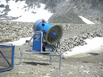 Rear view of snow cannon at Mölltaler Gletscher, Austria, showing the powerful fan