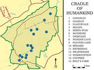 A map of the Cradle of Humankind with 15 blue dots indicating various fossil-bearing caves. Paranthropus is known from Kromdraai, Swartkrans, Sterkfontein, Gondolin, Cooper's, and Drimolen Caves
