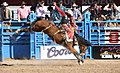 Cowboy con chaparreras de cuero en un rodeo estilo estadounidense