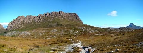 Panorama from west, showing Cradle Mountain and, in the distance, Barn Bluff