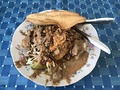 Tahu gimbal. A tofu dish with peanut sauce and gimbal (shrimp fritter) from Semarang.