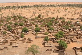 Environmental migration. Sparser rainfall leads to desertification that harms agriculture and can displace populations. Shown: Telly, Mali (2008).[279]