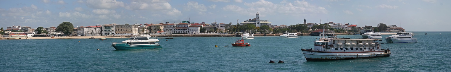  A panorama of Zanzibar, particularly the Stone Town, panorama taken from the Indian Ocean. Seen in the picture are the Sultan's palace, House of Wonders, Forodhani Gardens, and the St. Joseph's Cathedral