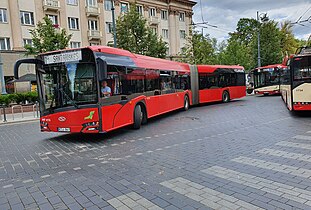 A red articulated bus and two trolleybuses