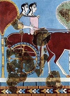 Two Mycenaean chariot warriors on a fresco from Pylos (about 1350 BC; left) and two female charioteers from Tiryns (1200 BC; right)