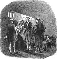 An etching of a man and a woman being married in a jail cell. Sunlight streams in through a small window.