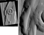 A ringed pit in the Tractus Fossae, as seen by HiRISE. Image is located in Tharsis quadrangle. Scale bar is 1000 m.