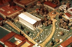 Above: Modern model of ancient Olympia with the Temple of Zeus at the centre Right: Recreation of the colossal statue of Athena, once housed in the Parthenon, with sculptor Alan LeQuire