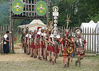 Reenactment covers wide time spans, as exemplified by this reenactment of the Roman legion XV Apollinaris in Austria, 2005...