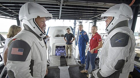 NASA astronauts Doug Hurley (left) and Bob Behnken (right) on the vessel, rehearsing Crew Dragon crew extraction with teams from NASA and SpaceX, 13 August 2019. The ship would later be named after the wife of Behnken, Megan McArthur, who would fly on the SpaceX Crew-2 mission.