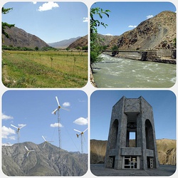 Clockwise: the Panjshir valley, the Panjshir River, the tomb of Ahmad Shah Massoud, and a Panjshir wind farm