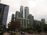 The railway lands were redeveloped in the early 21st century, with its western portion becoming the neighbourhood of CityPlace (left) and its eastern portion South Core (right).