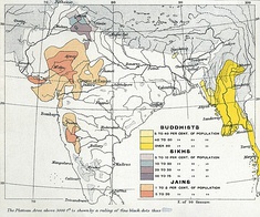 The distribution of Indian religions in India (1909). The upper map shows distribution of Hindus, the lower of Buddhists, Jains and Sikhs.