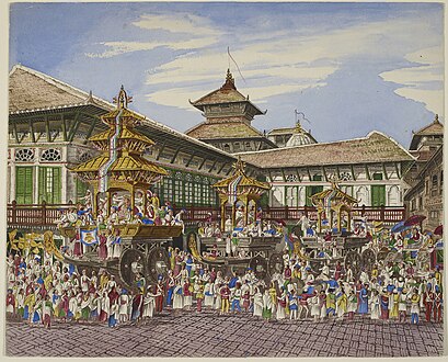 Three temple cars outside the Hanuman Dhoka, or Old Palace, Kathmandu - Oldfield collection (1850-1863)